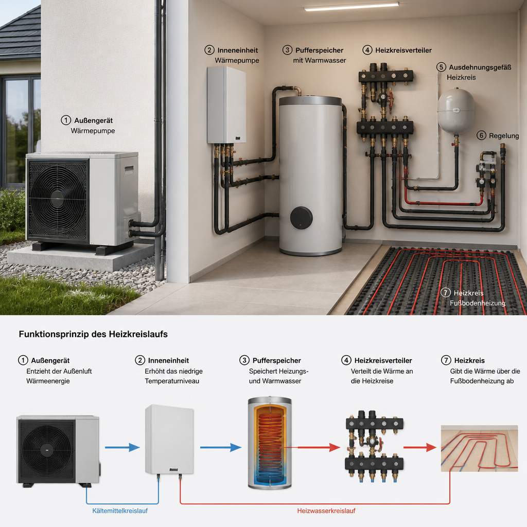 Schema einer Wärmepumpeninstallation mit Außengerät, Leitungen und Speicher