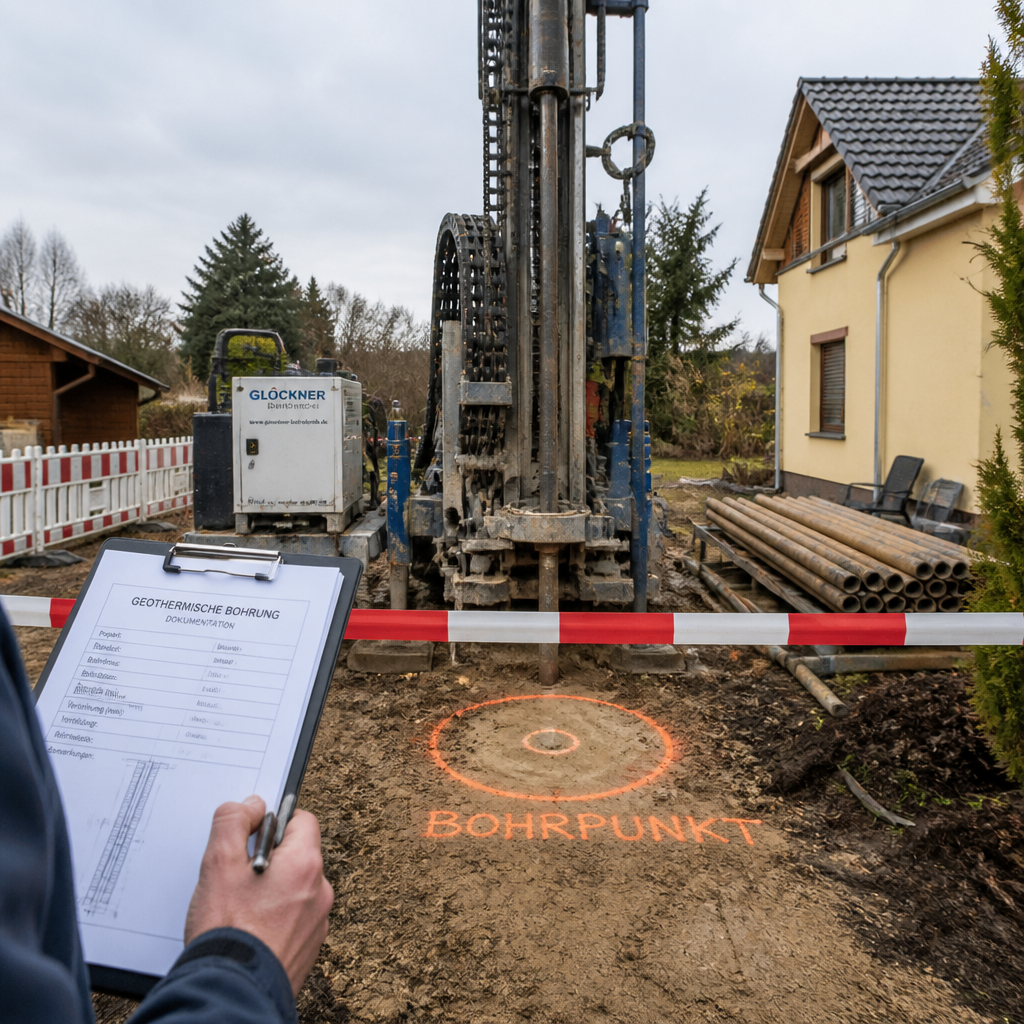 Bohrgerät für Erdwärmesonden auf einem Grundstück in Brandenburg mit markierter Bohrstelle