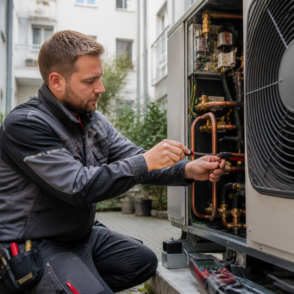 Wartung einer Außeneinheit der Wärmepumpe im Berliner Stadtumfeld