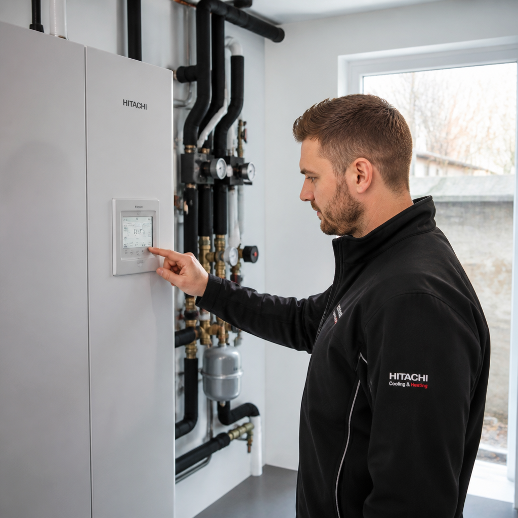 Techniker prüft die Regelung einer Wärmepumpe im Einfamilienhaus