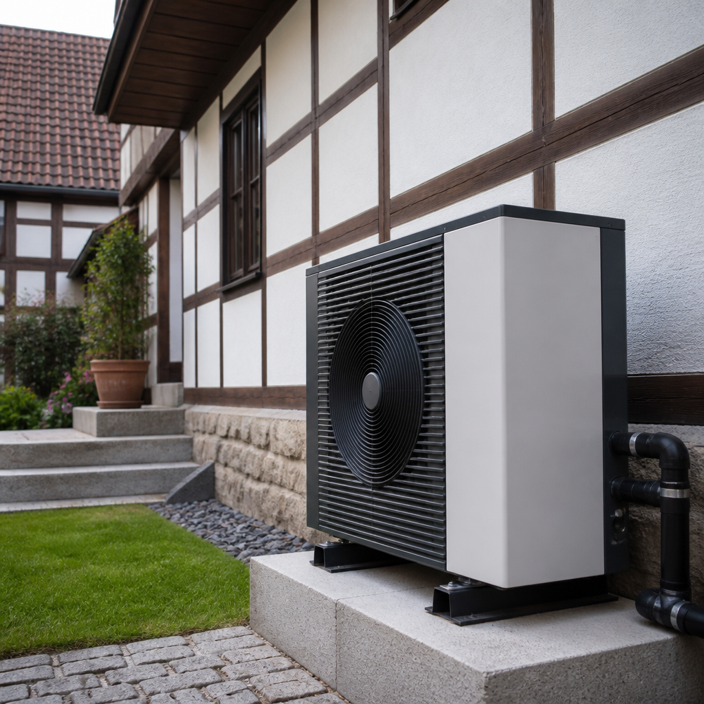 Luft-Wasser-Wärmepumpe vor einem sanierten Altbau mit Heiztechnik im Hintergrund