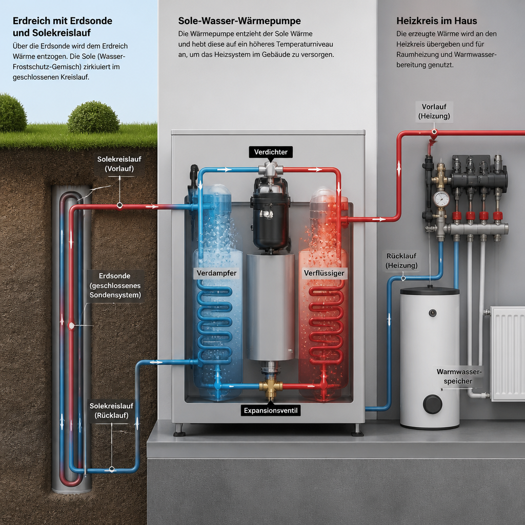 Schema einer Sole-Wasser-Wärmepumpe mit Erdsonde, Solekreis, Verdichter und Heizkreis