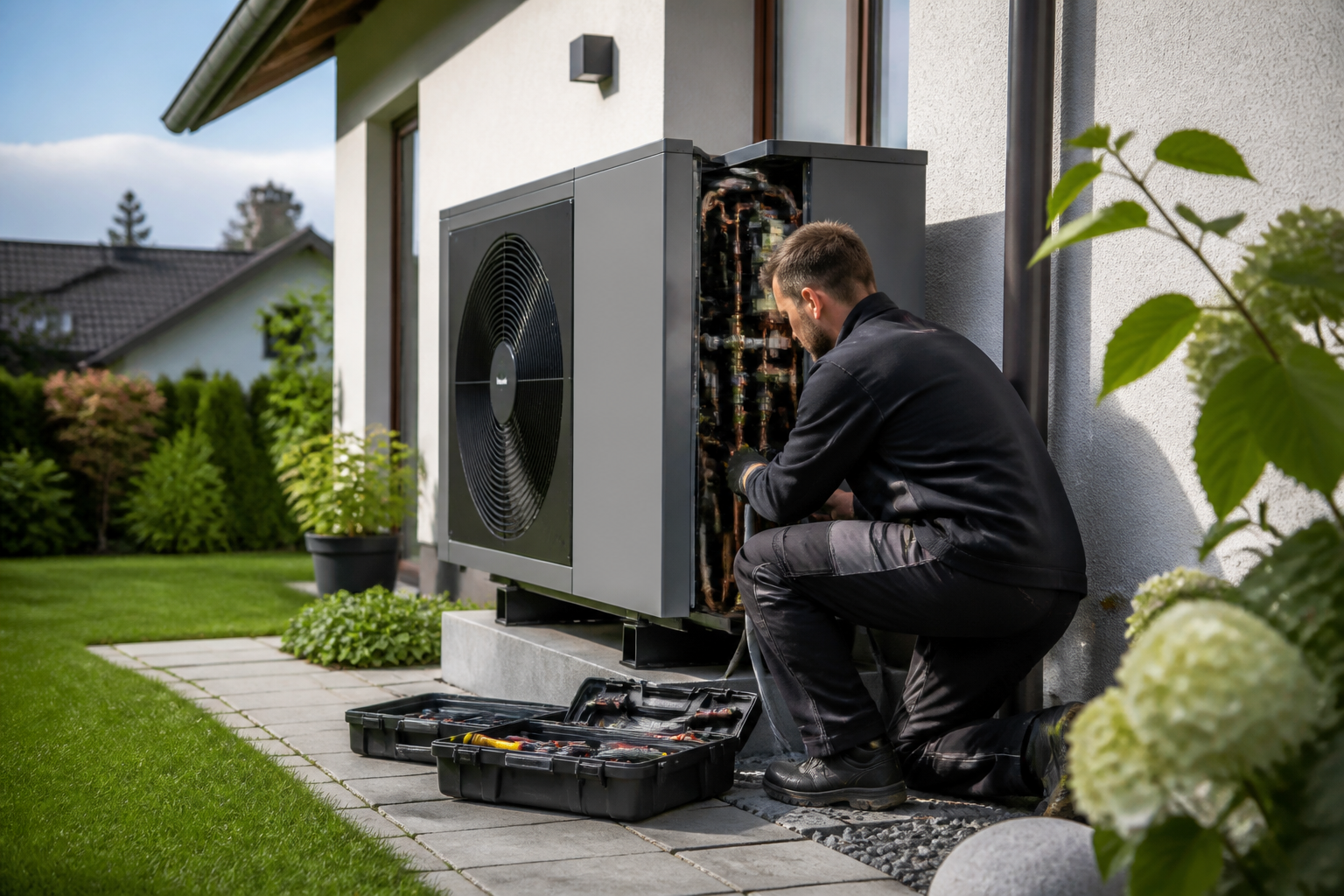 Fachhandwerker installiert eine Wärmepumpe an einem Einfamilienhaus in Brandenburg