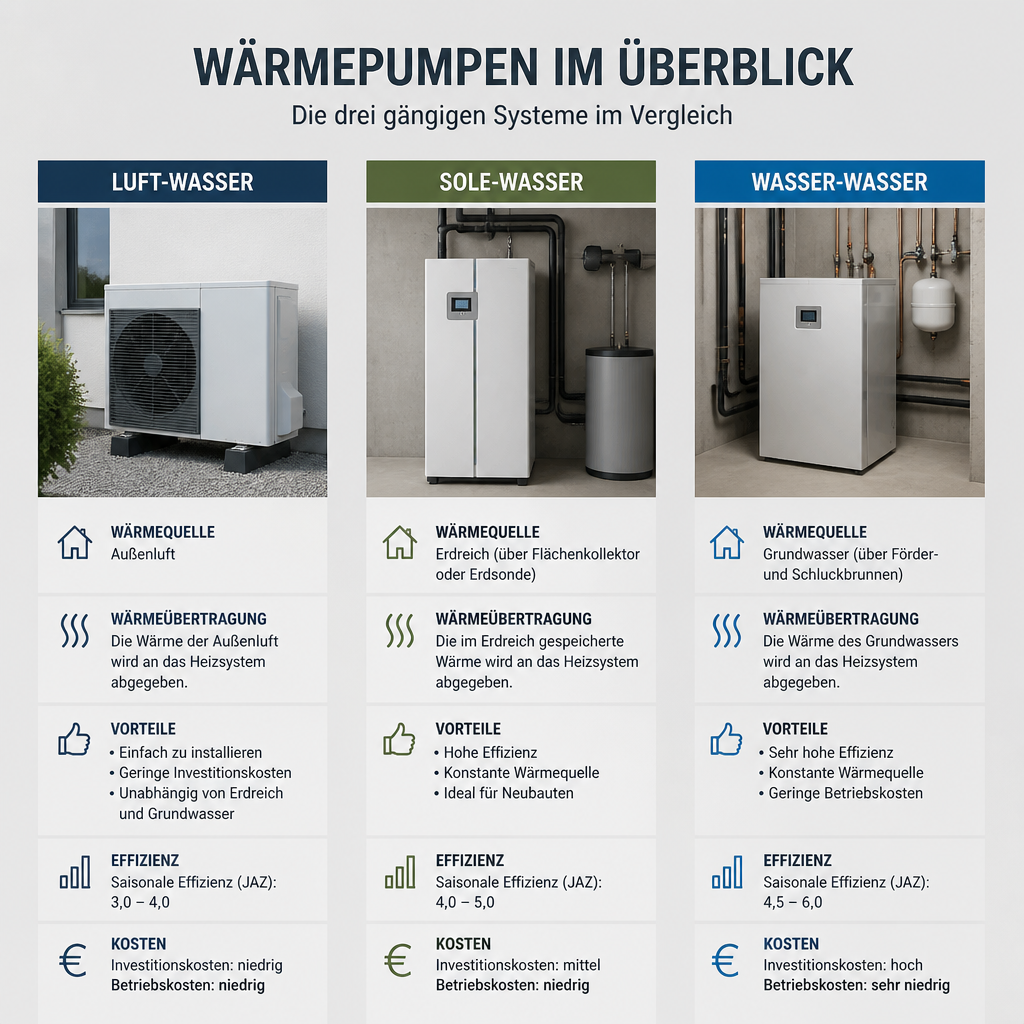 Vergleich von Luft-Wasser-, Sole-Wasser- und Wasser-Wasser-Wärmepumpe