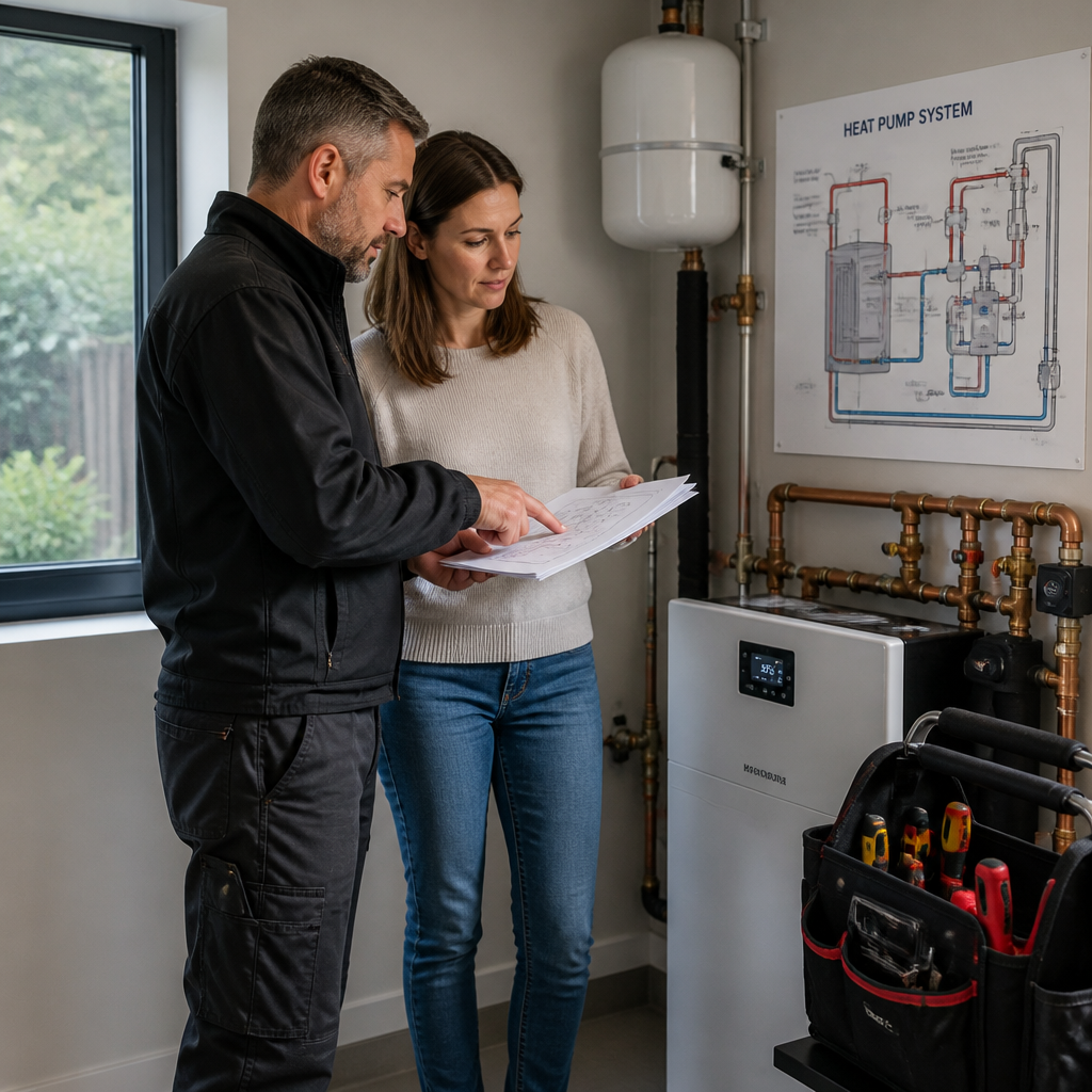 Fachbetrieb erklärt einem Eigentümer Heizlast und Förderunterlagen für die Wärmepumpe