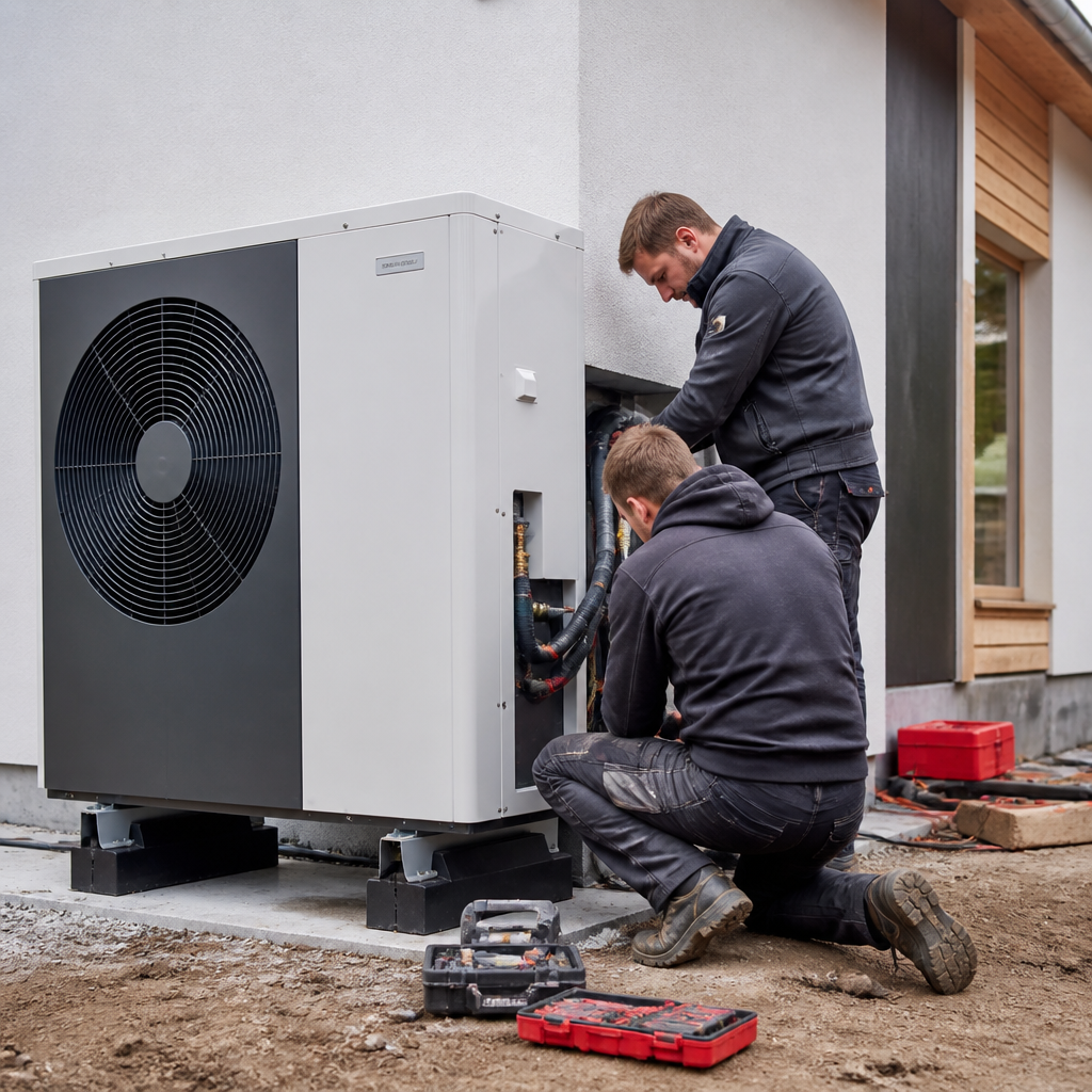 Fachbetrieb installiert eine Wärmepumpe an einem Wohnhaus in Brandenburg