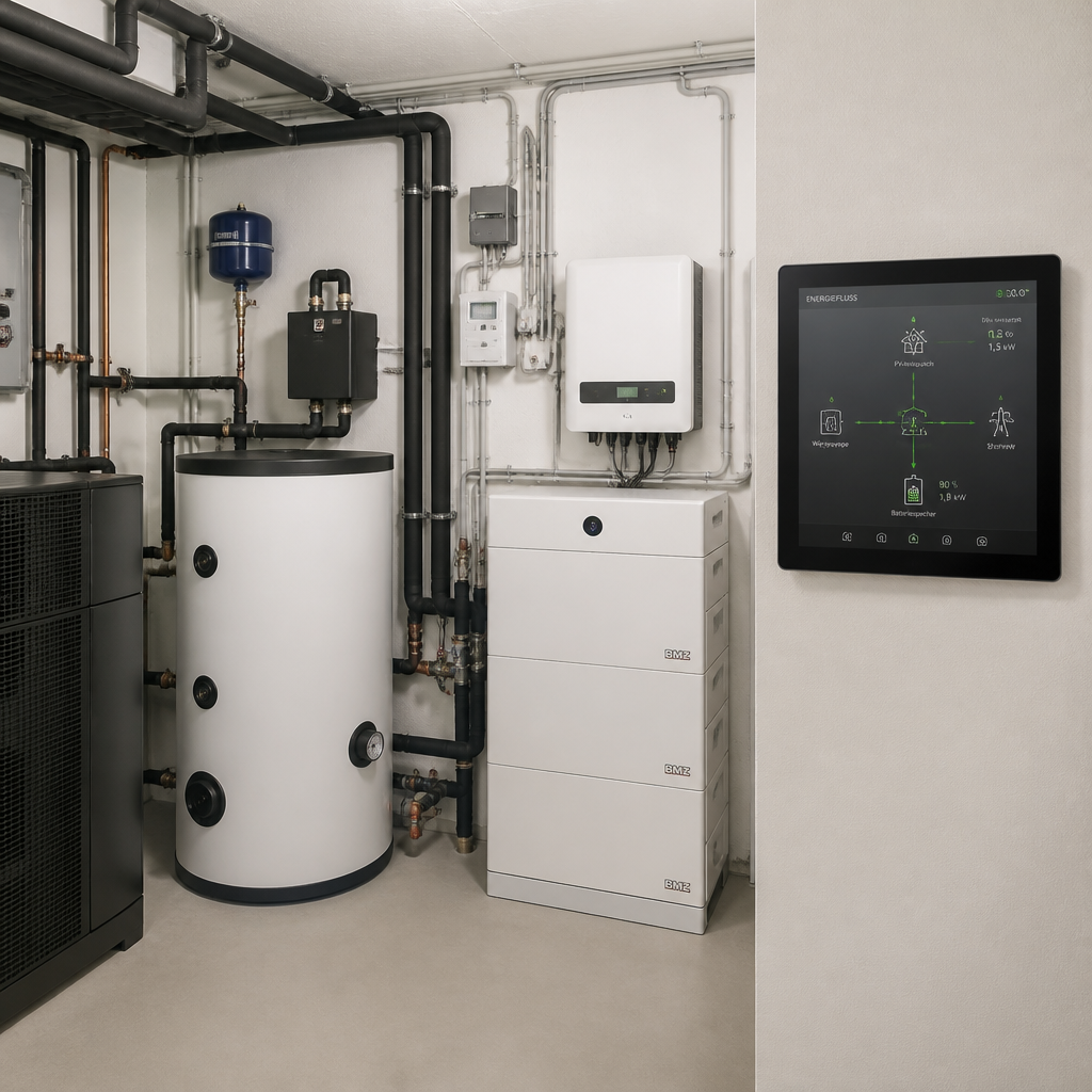 Schematische Darstellung der Smart-Home-Integration von Wärmepumpe, PV, Speicher und Wallbox