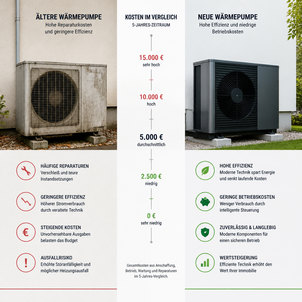 Vergleich von Reparaturkosten und Austauschkosten bei einer Wärmepumpe als Infografik