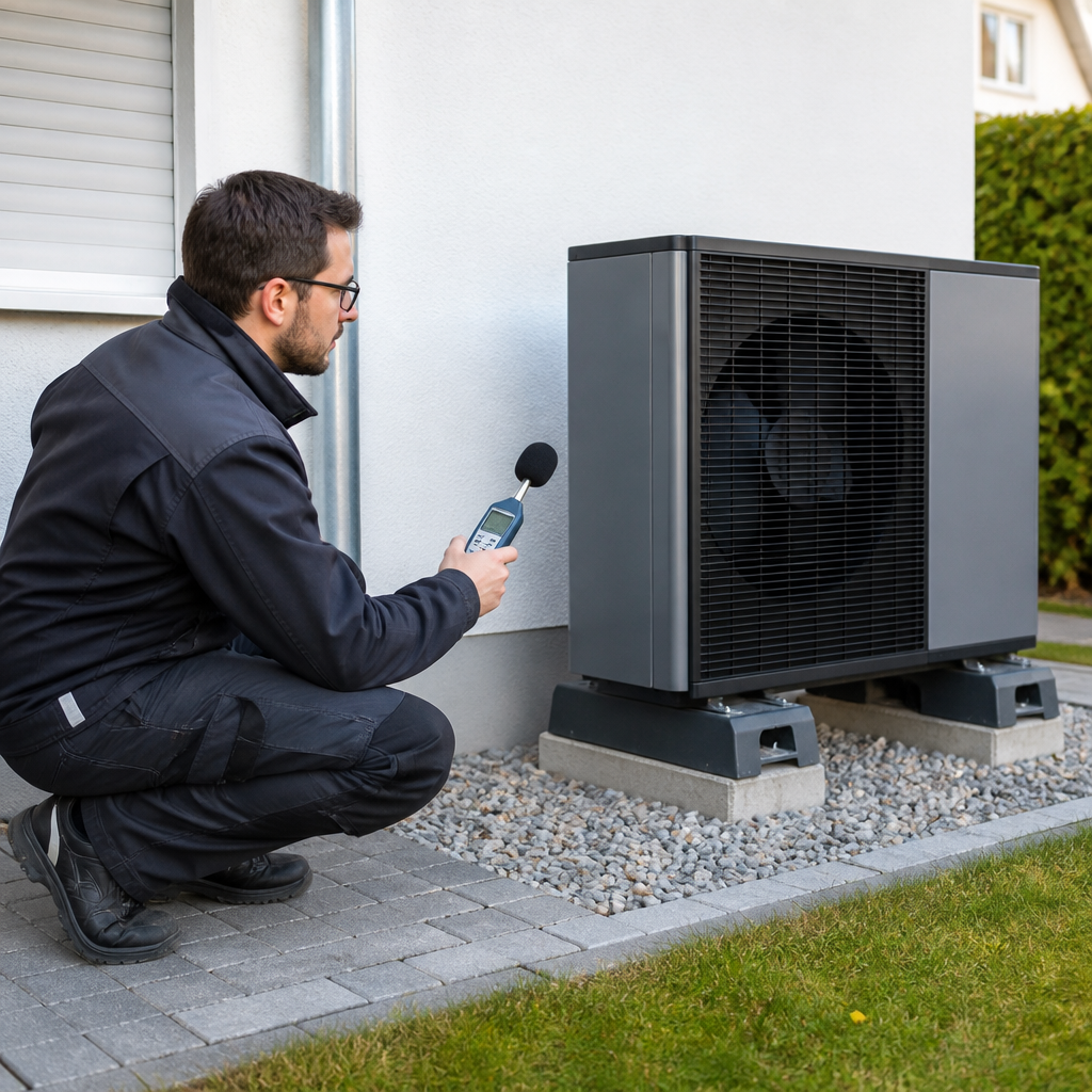 Techniker misst Schall und prüft den Aufstellort einer Wärmepumpe
