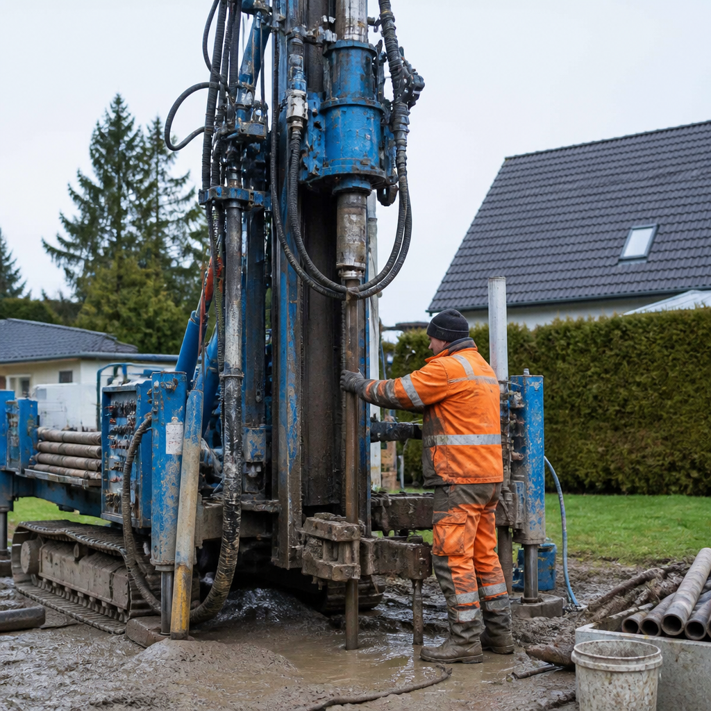Bohrgerät für Erdwärmesonden auf einem Grundstück in Brandenburg