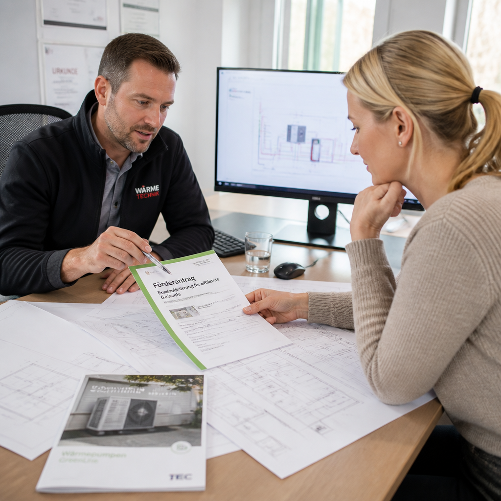 Fachbetrieb prüft Förderunterlagen und Wärmepumpenplanung