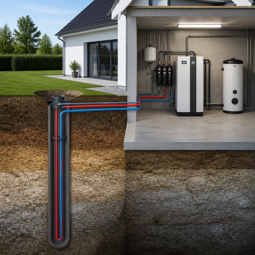 Schema einer Erdwärmepumpe mit Sondenbohrung und Heizkreis im Haus
