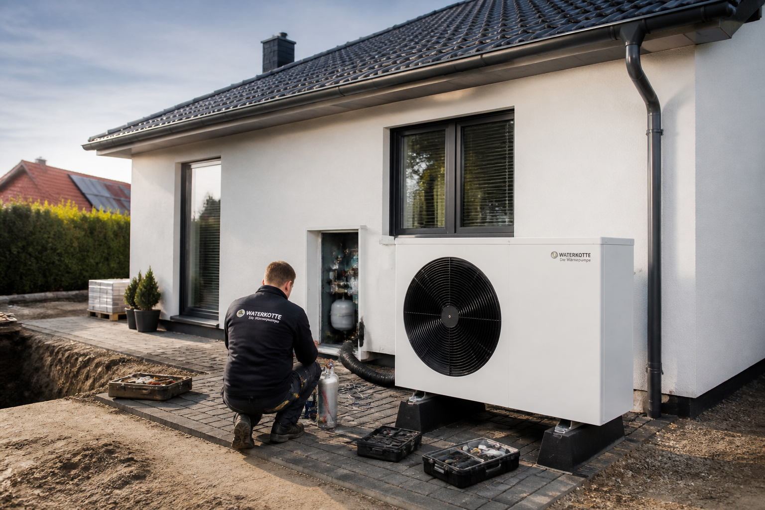Fachbetrieb installiert eine Wärmepumpe an einem Einfamilienhaus in Brandenburg