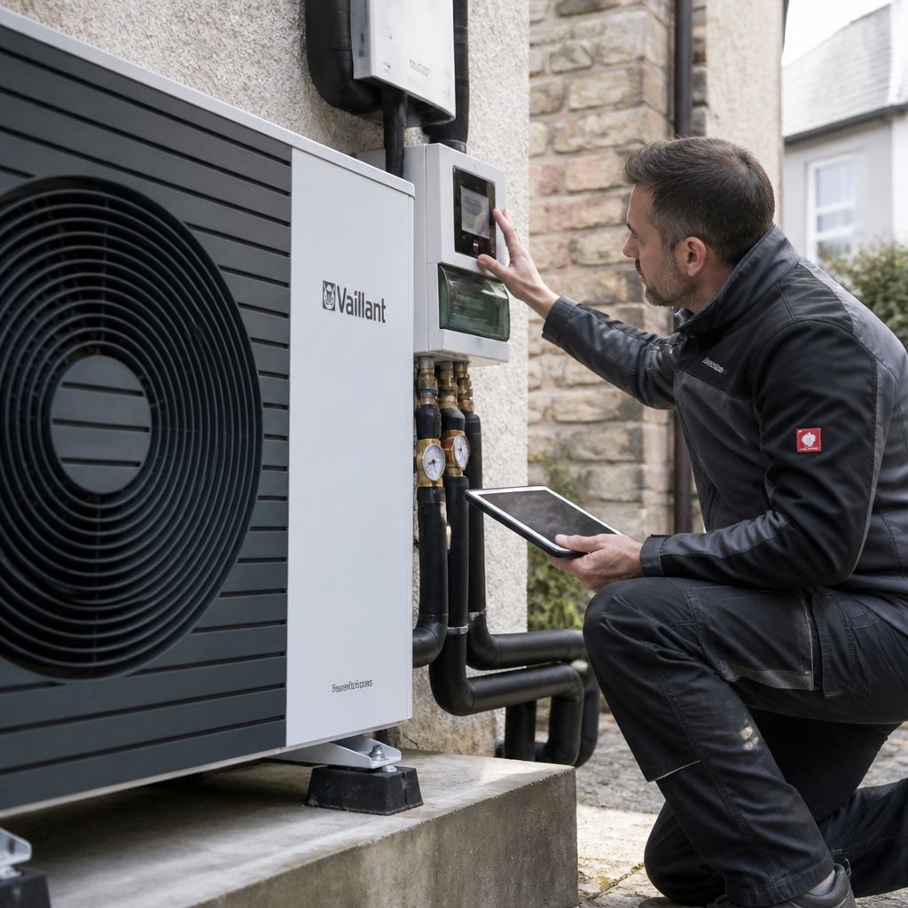 Techniker prüft die Installation einer Wärmepumpe in einem Bestandsgebäude