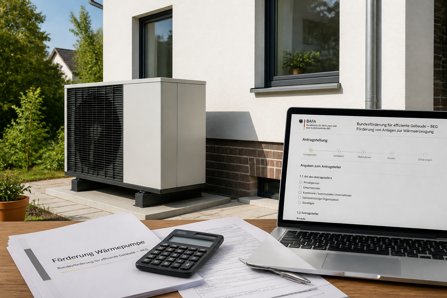 Eigentümer prüft Förderunterlagen für eine Wärmepumpe in Berlin und Brandenburg