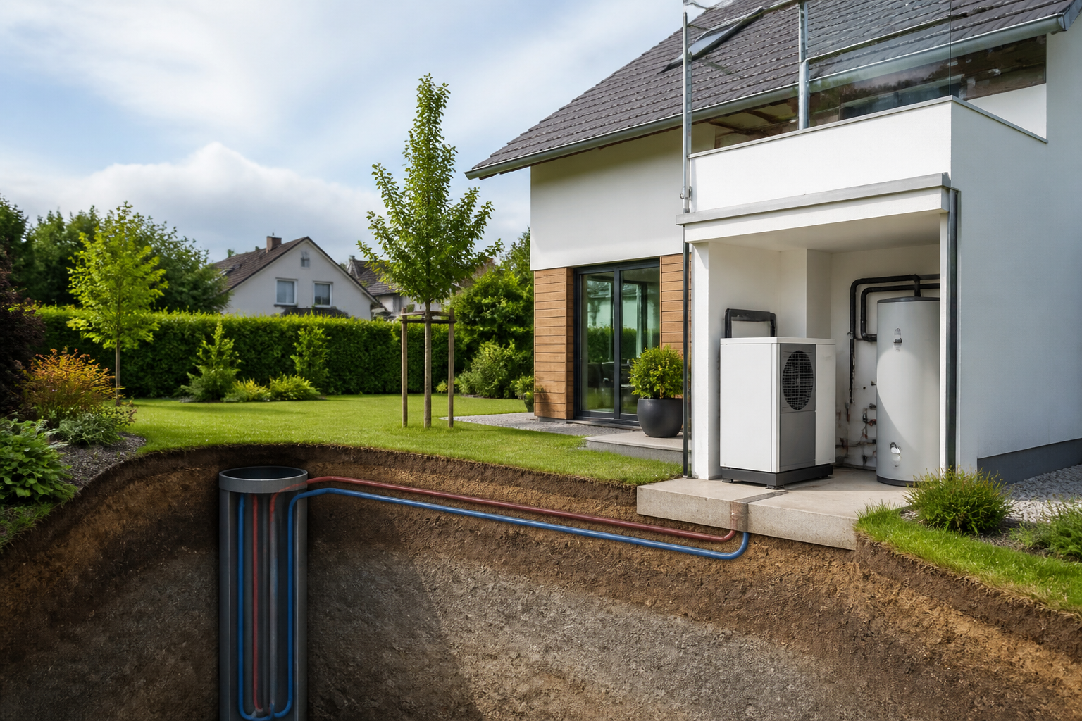 Moderne Erdwärmepumpe vor einem Berliner Einfamilienhaus mit Garten