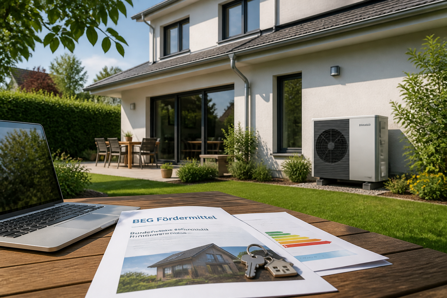 Modernes Wohnhaus in Berlin mit installierter Wärmepumpe und Förderunterlagen auf einem Tisch