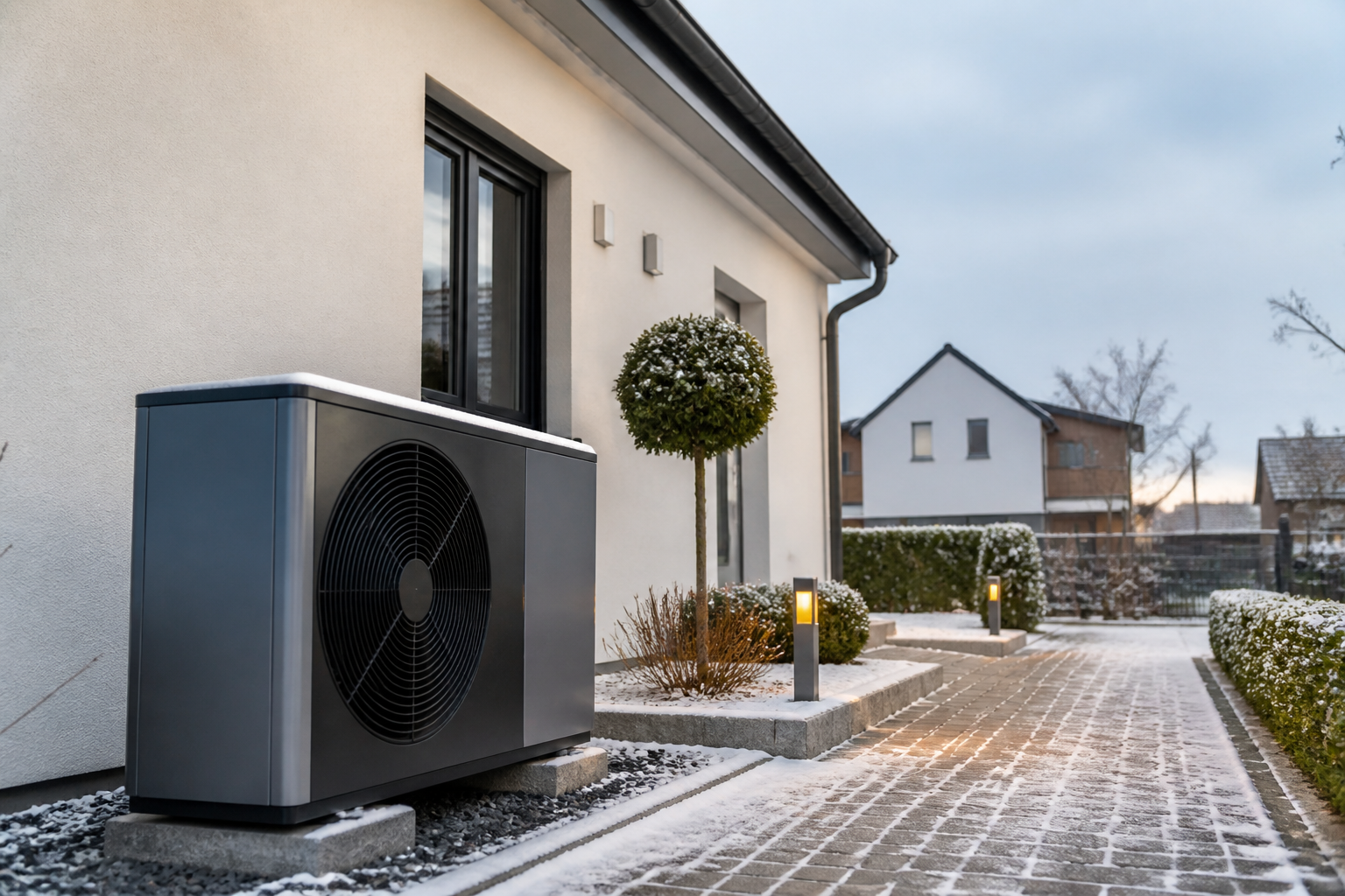 Photorealistische Wärmepumpe vor einem Einfamilienhaus in einer Wohnsiedlung bei Oranienburg im Winter
