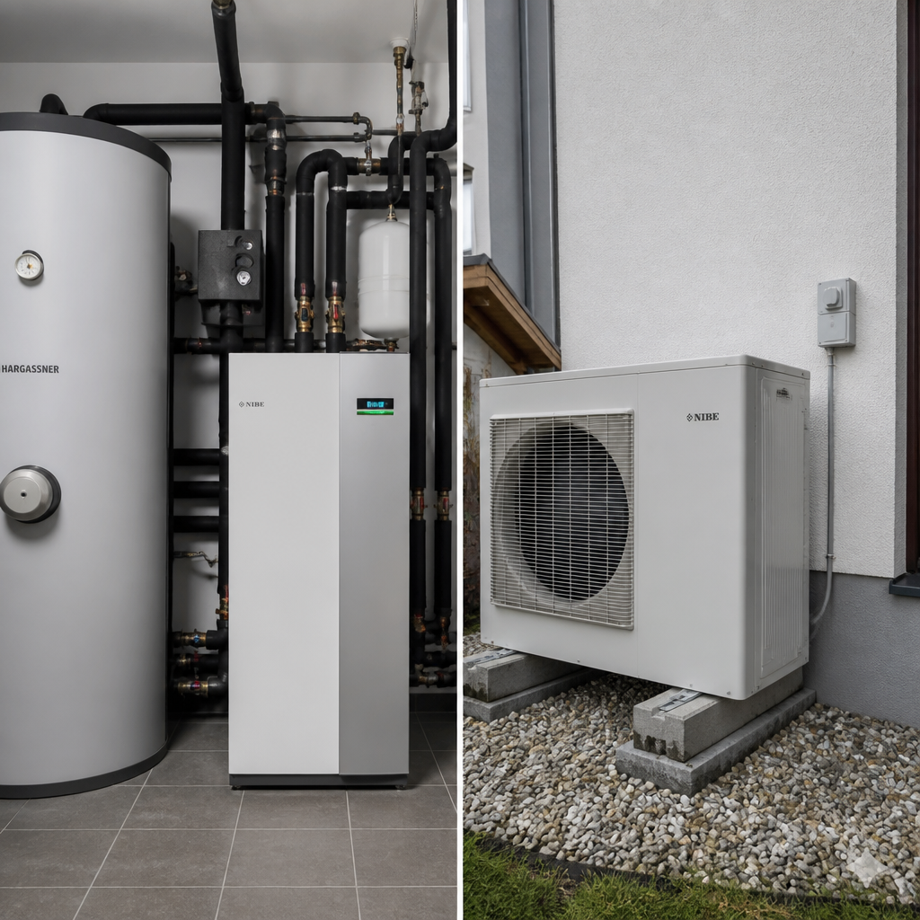 Installationsaufbau einer Wärmepumpe mit Außen- und Inneneinheit