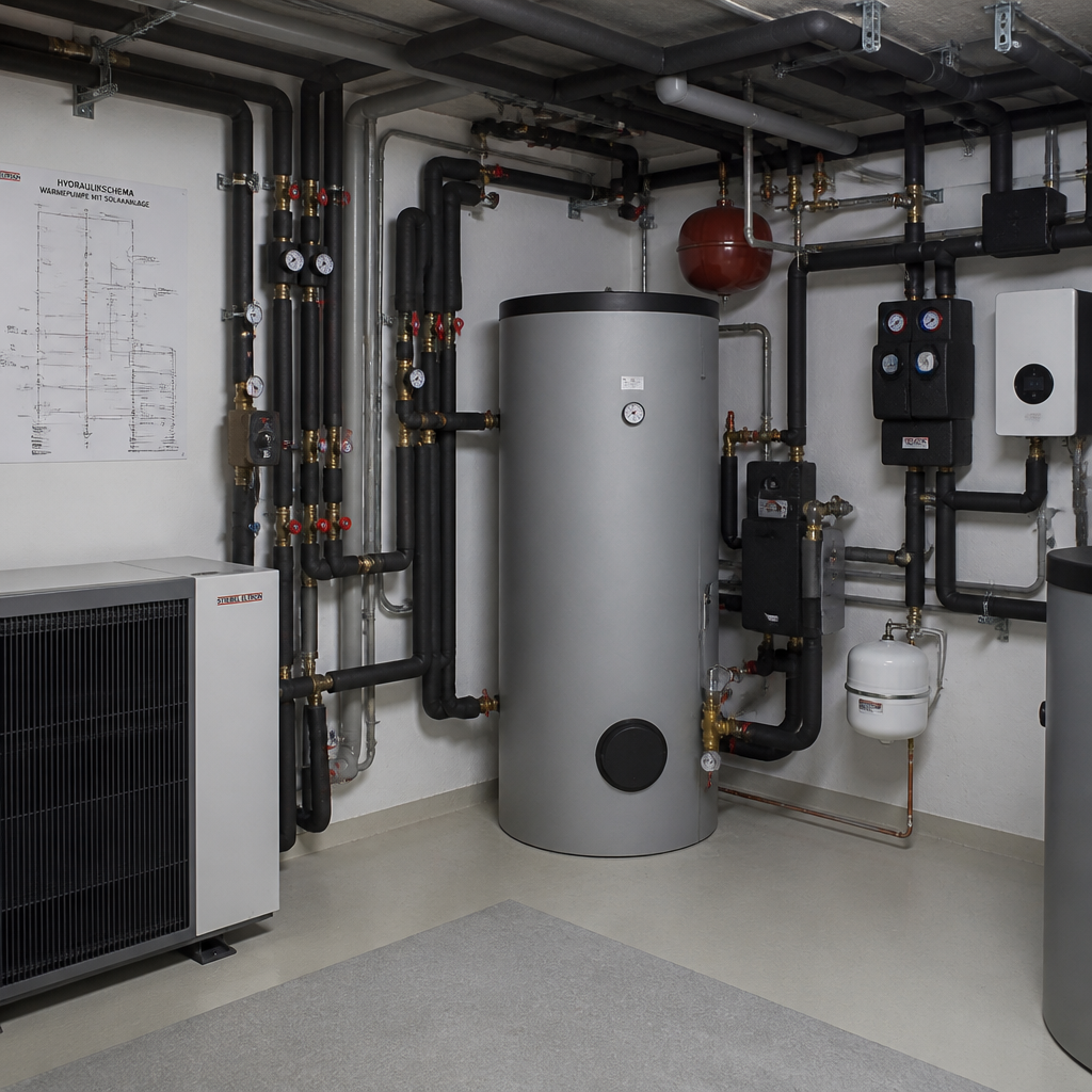 Technische Darstellung eines Heizungsraums mit Wärmepumpe, Pufferspeicher und Solarthermie-Einbindung