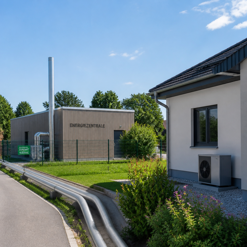Schematischer Vergleich von Nahwärme und Wärmepumpe für kommunale Quartiere