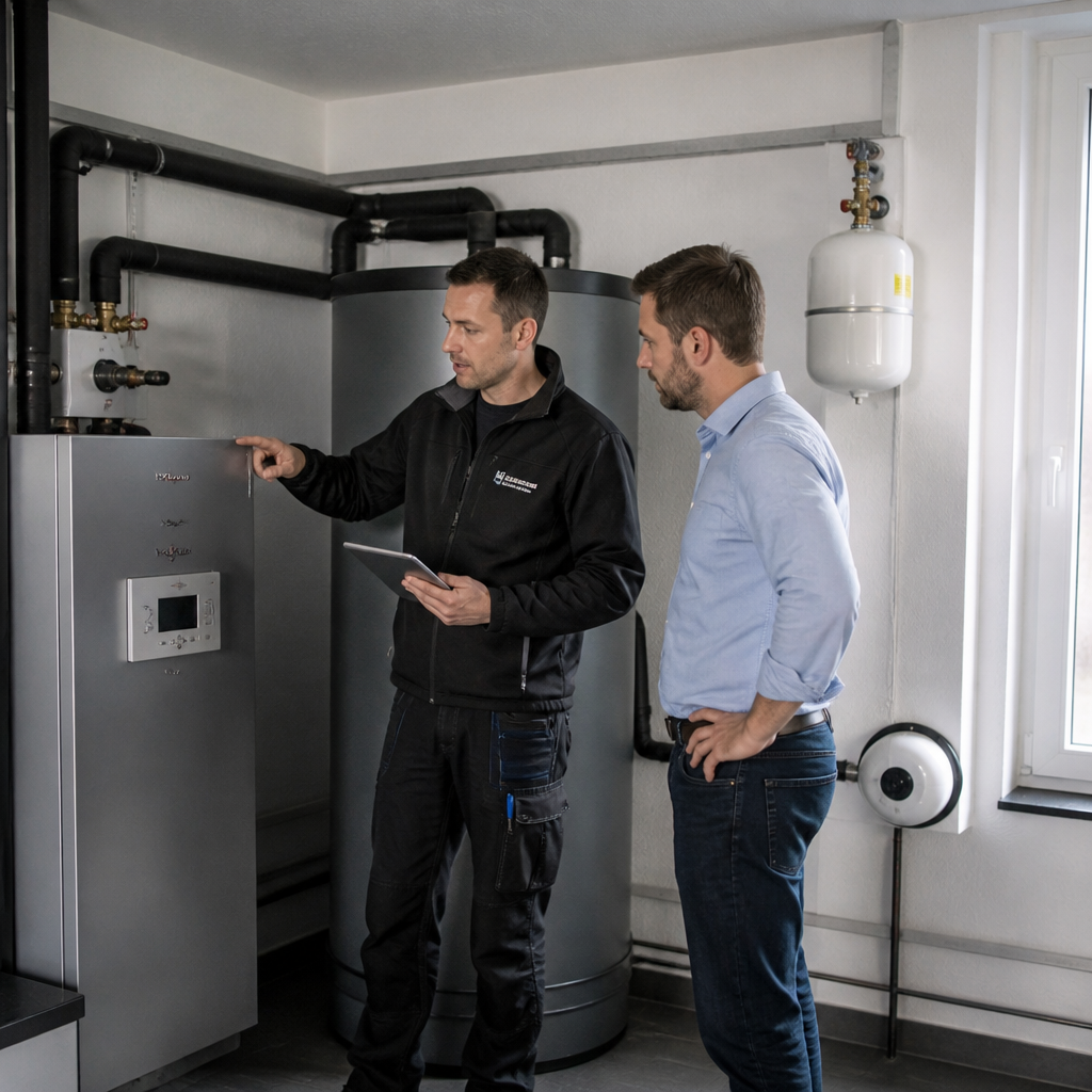 Fachbetrieb prüft Heizsystem und Aufstellort für eine Wärmepumpe
