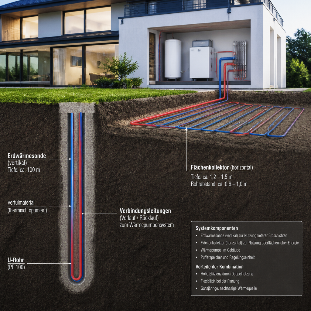 Technische Darstellung einer Erdwärmesonde und eines Flächenkollektors im Erdreich