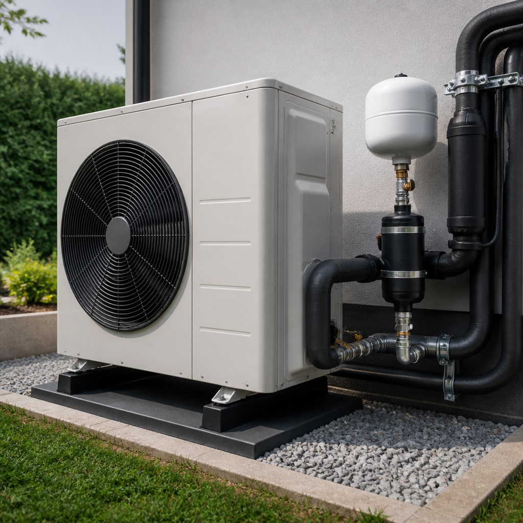 Installierte Wärmepumpe mit Außeneinheit und Heizungsanschlüssen
