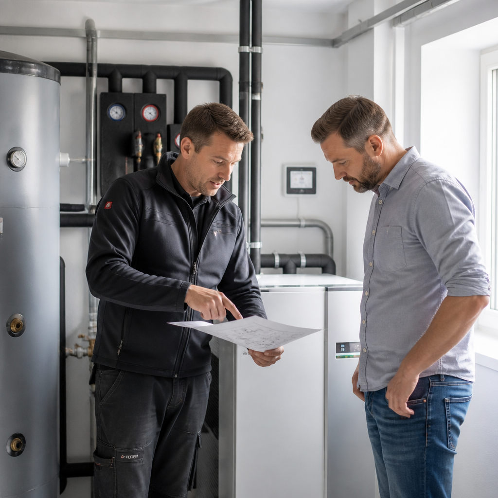 Installateur erklärt einem Hauseigentümer die Wärmepumpenplanung am Hausanschluss