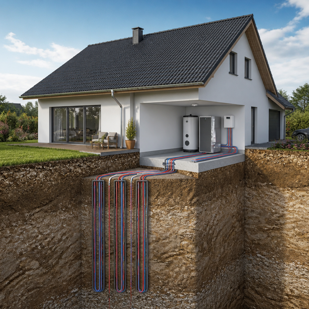 Schematische Darstellung von Erdsonden und Wärmepumpe im Einfamilienhaus