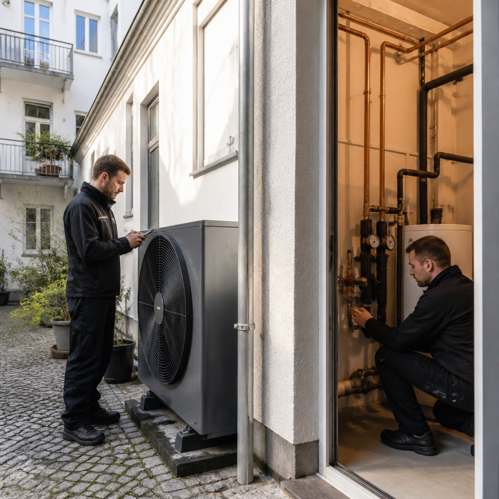 Fachmann prüft die Installation einer Wärmepumpe in einem Berliner Altbau