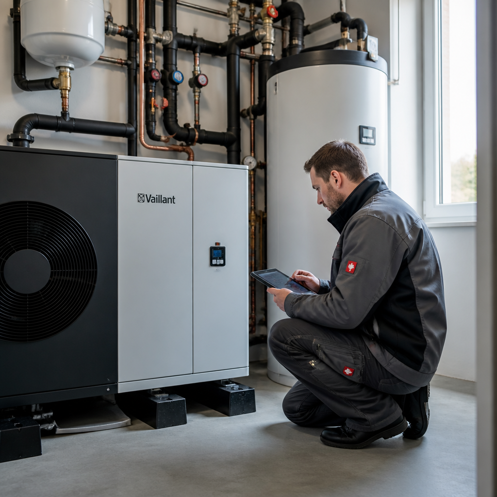 Fachhandwerker prüft Installation einer Wärmepumpe im Heizungskeller