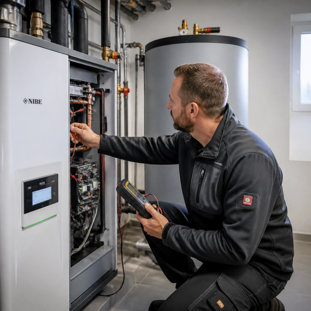 Techniker prüft Wärmepumpe und Heizungsanlage im Keller
