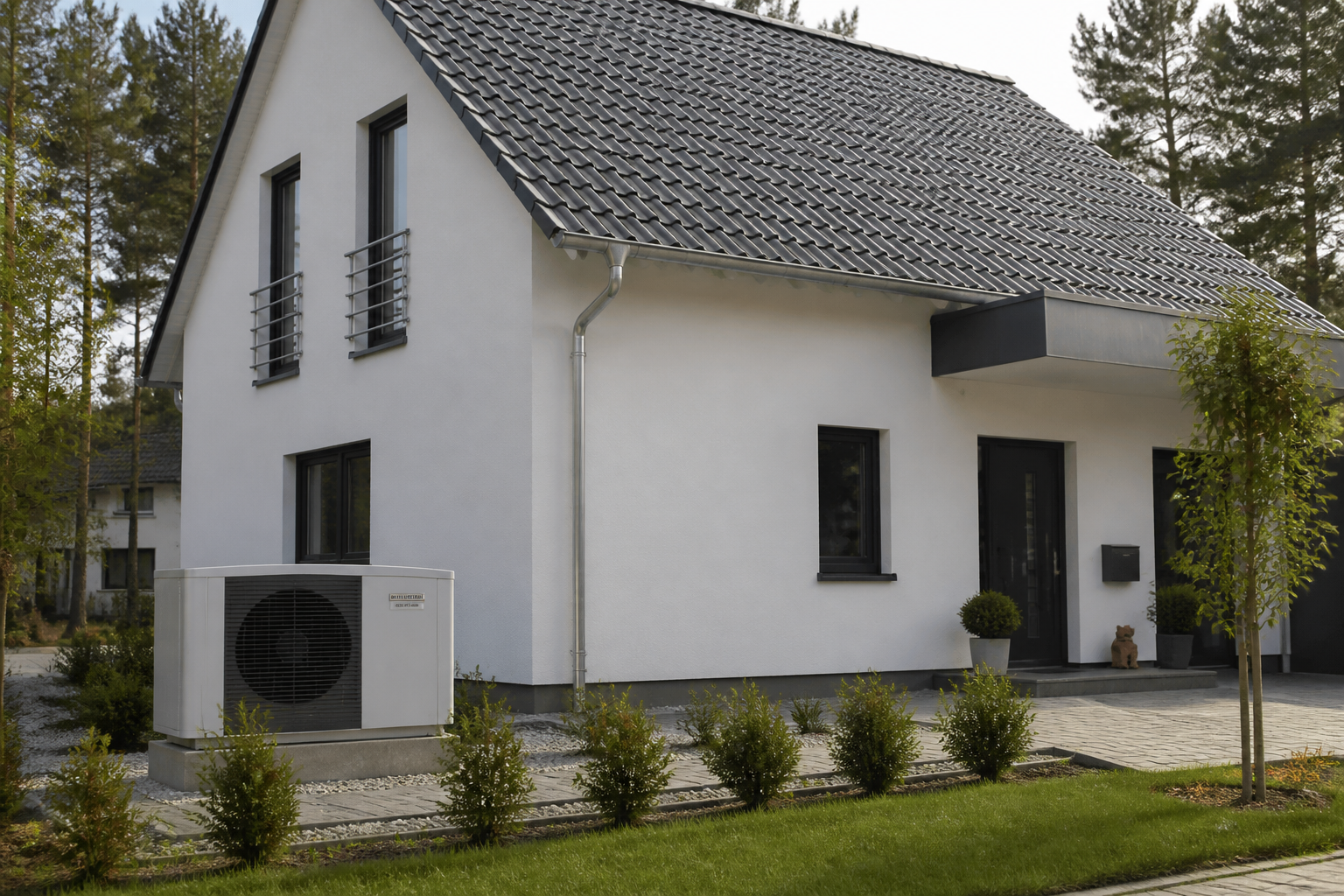 Moderne Wärmepumpe vor einem Einfamilienhaus im Raum Oranienburg