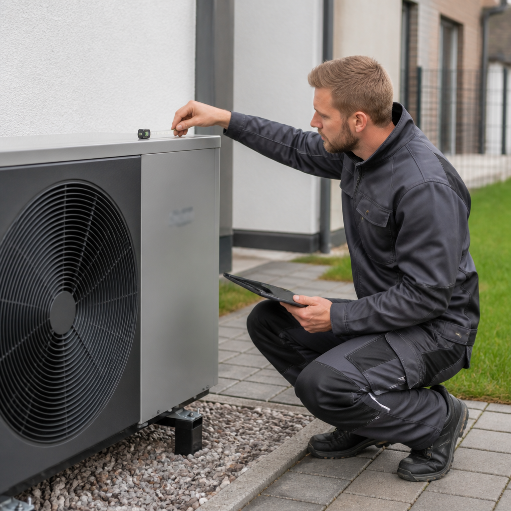 Techniker prüft den Aufstellort einer Wärmepumpe am Haus