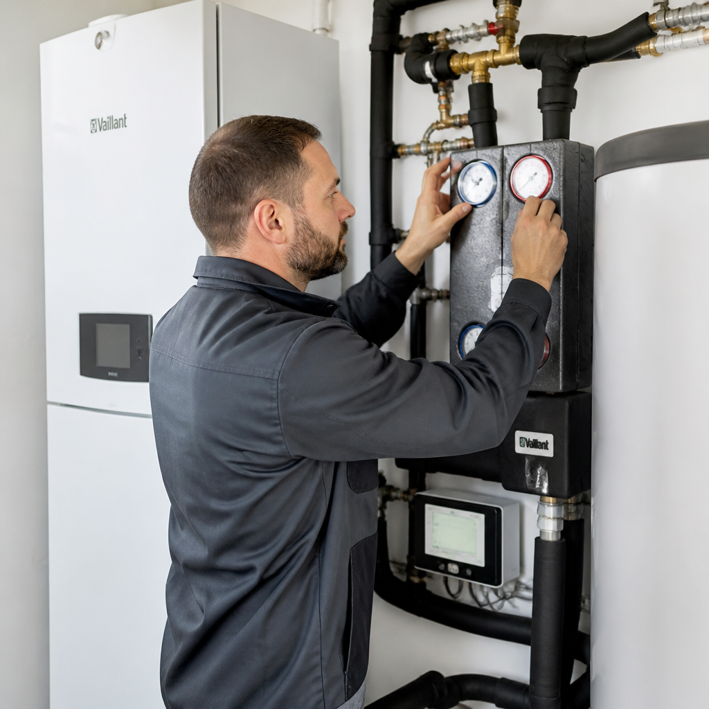 Techniker prüft eine Wärmepumpenanlage mit Heizungsrohren und Steuerung