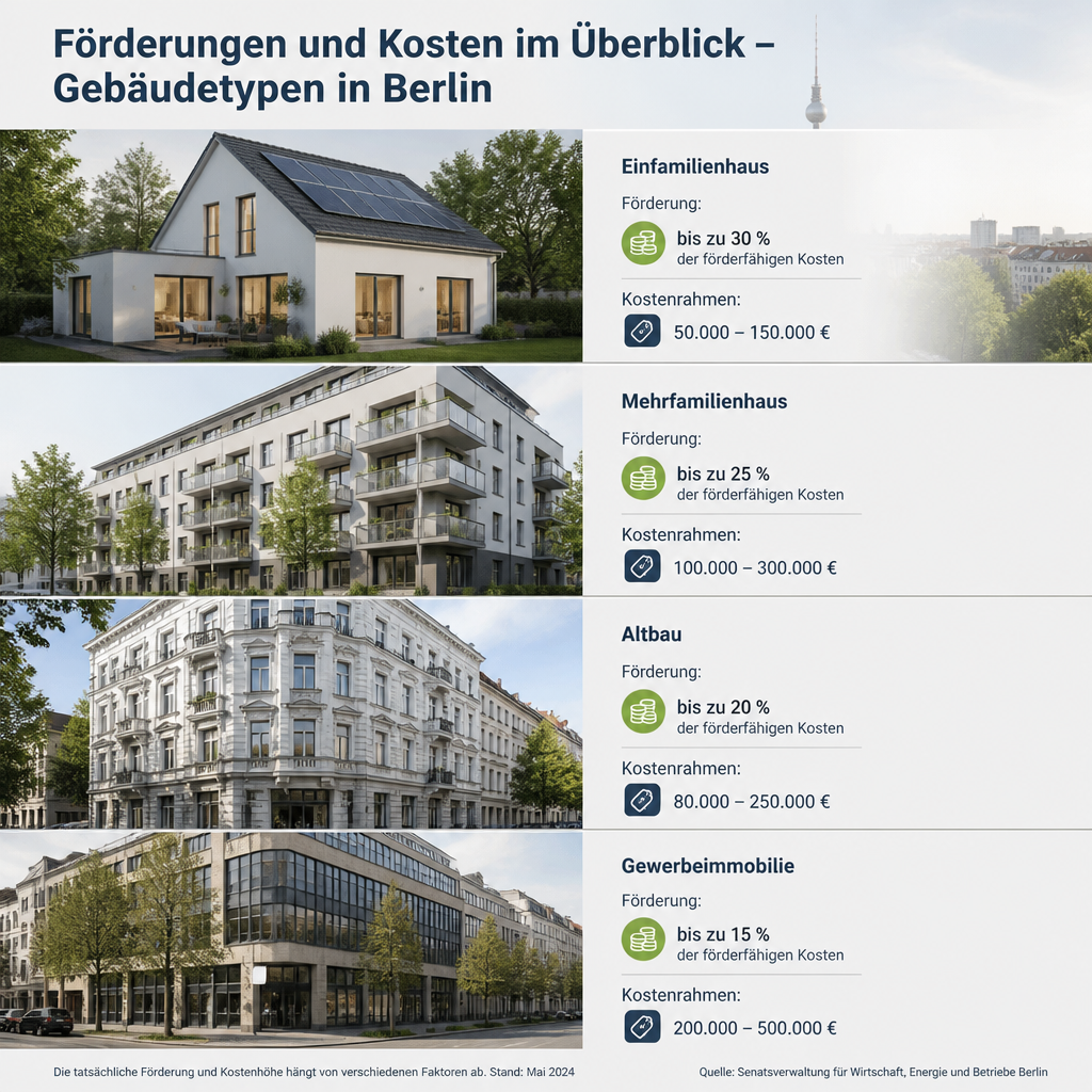 Schema zur Förderlogik nach Berliner Gebäudetypen: Einfamilienhaus, Reihenhaus, Mehrfamilienhaus und Eigentumswohnung