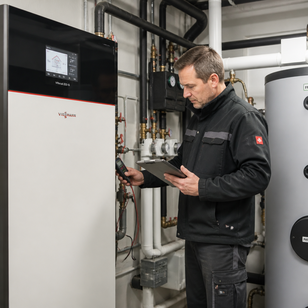 Fachbetrieb prüft die Installation einer Wärmepumpe mit Messgeräten