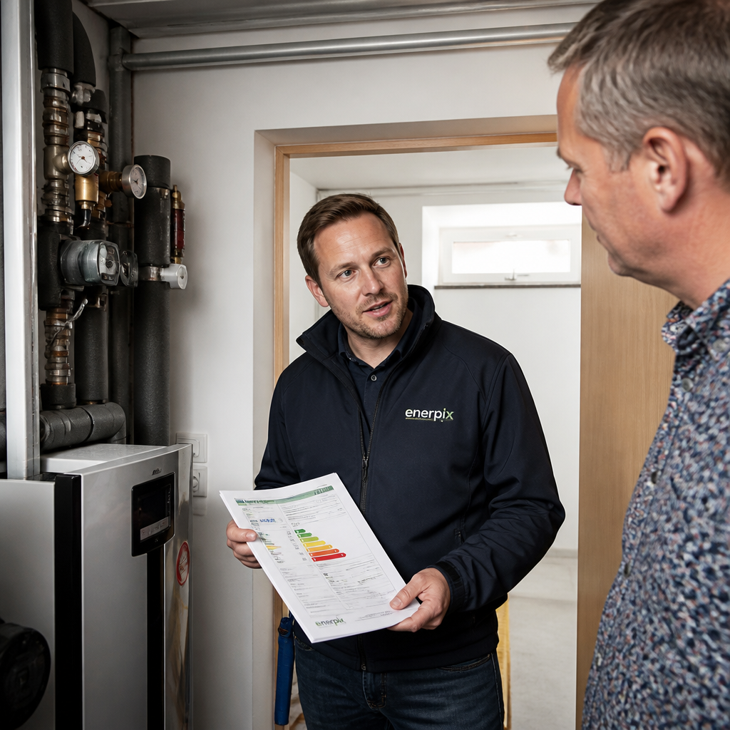 Energieberater prüft Heizungsanlage und Förderunterlagen für eine Wärmepumpe