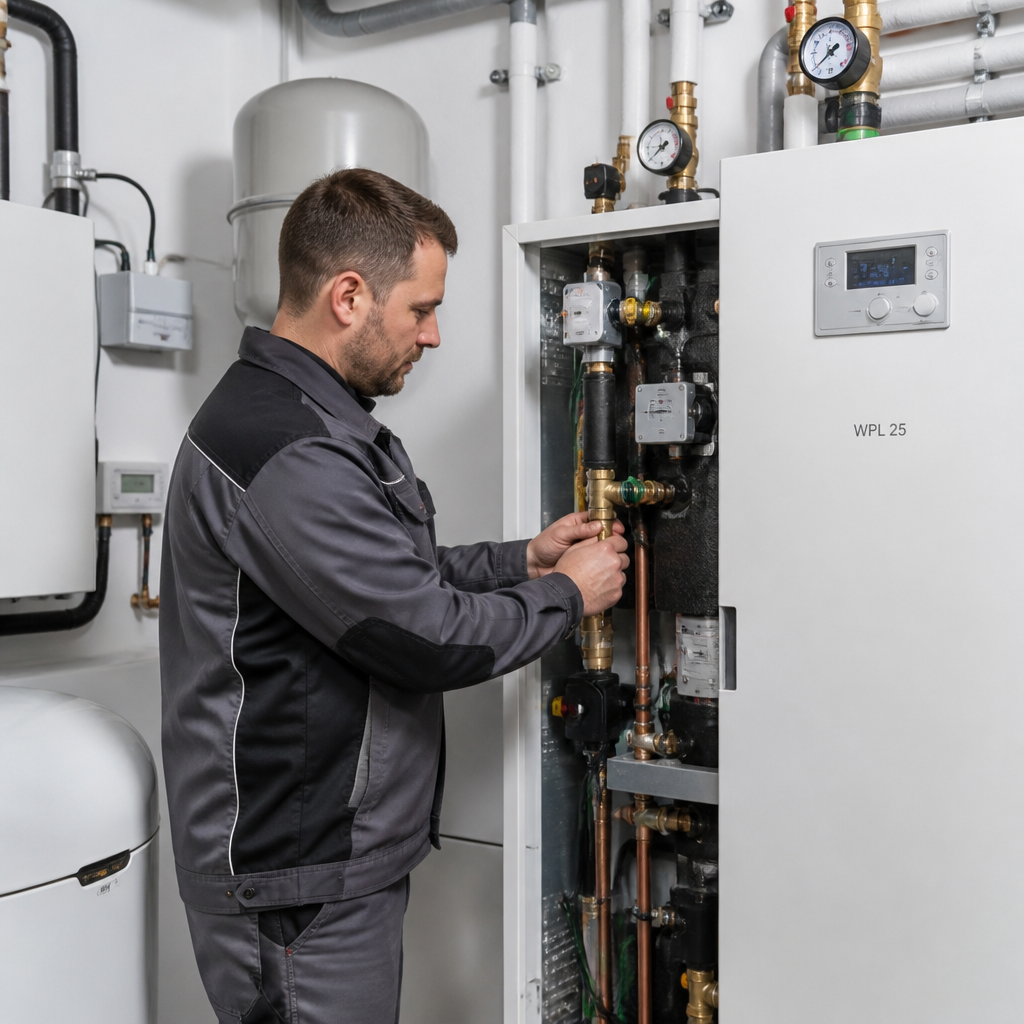 Handwerker prüft Anschlüsse einer Wärmepumpe im Heizraum
