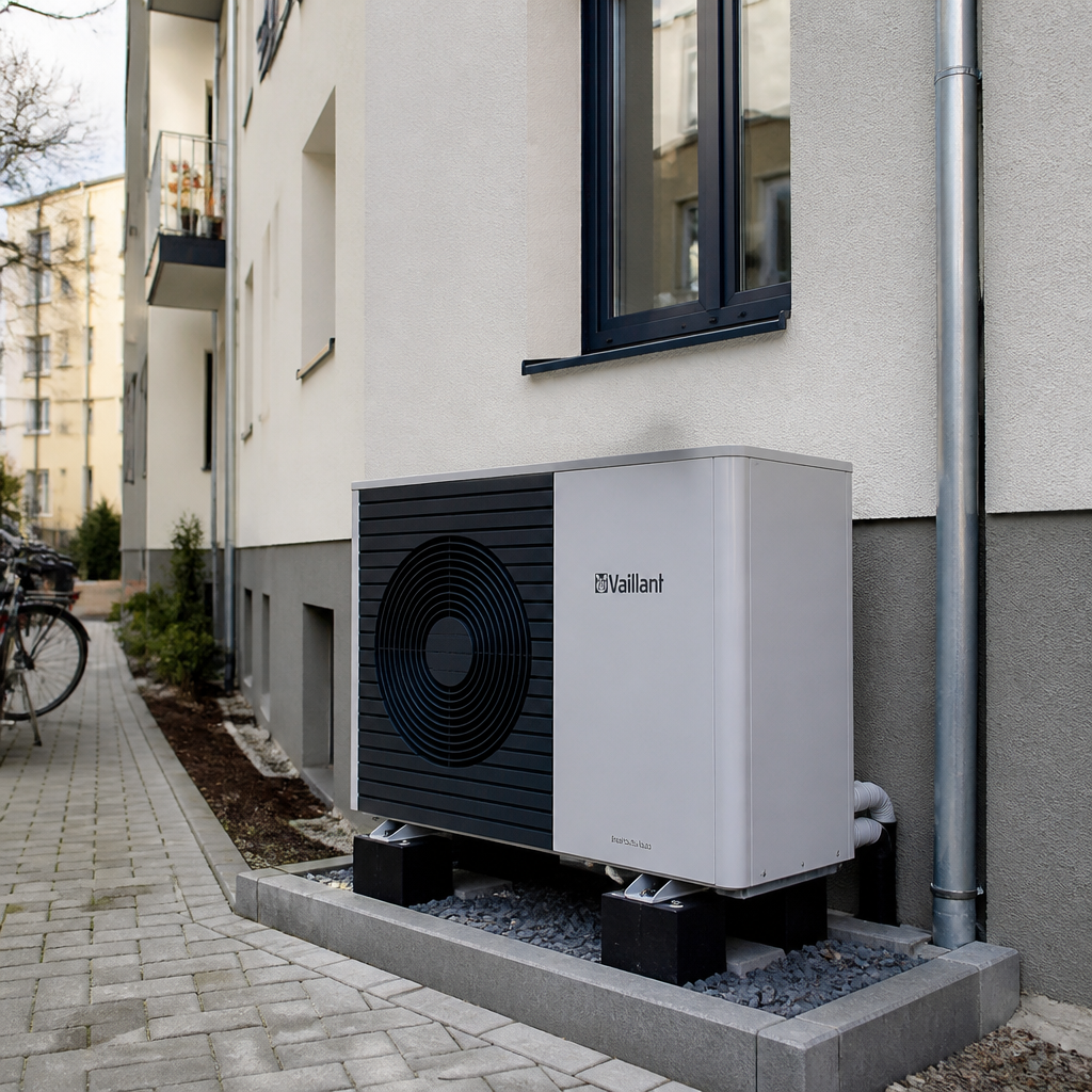 Wärmepumpe an einem sanierten Wohnhaus in Berlin