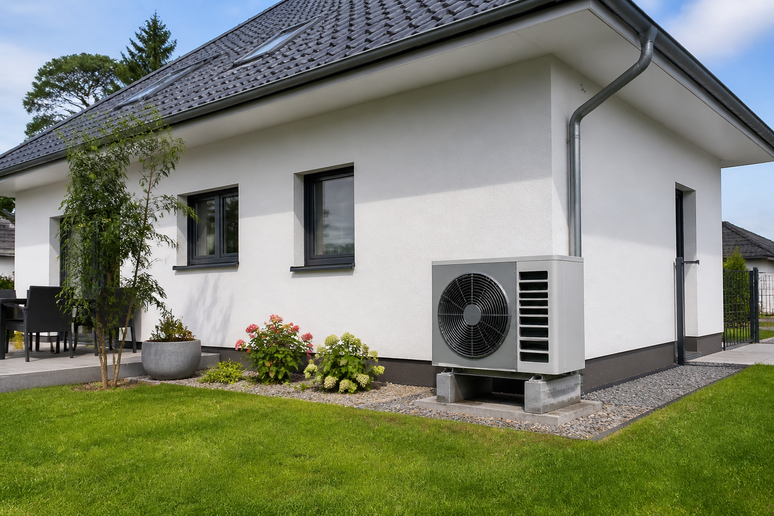 Moderne Wärmepumpe an einem Einfamilienhaus in Brandenburg
