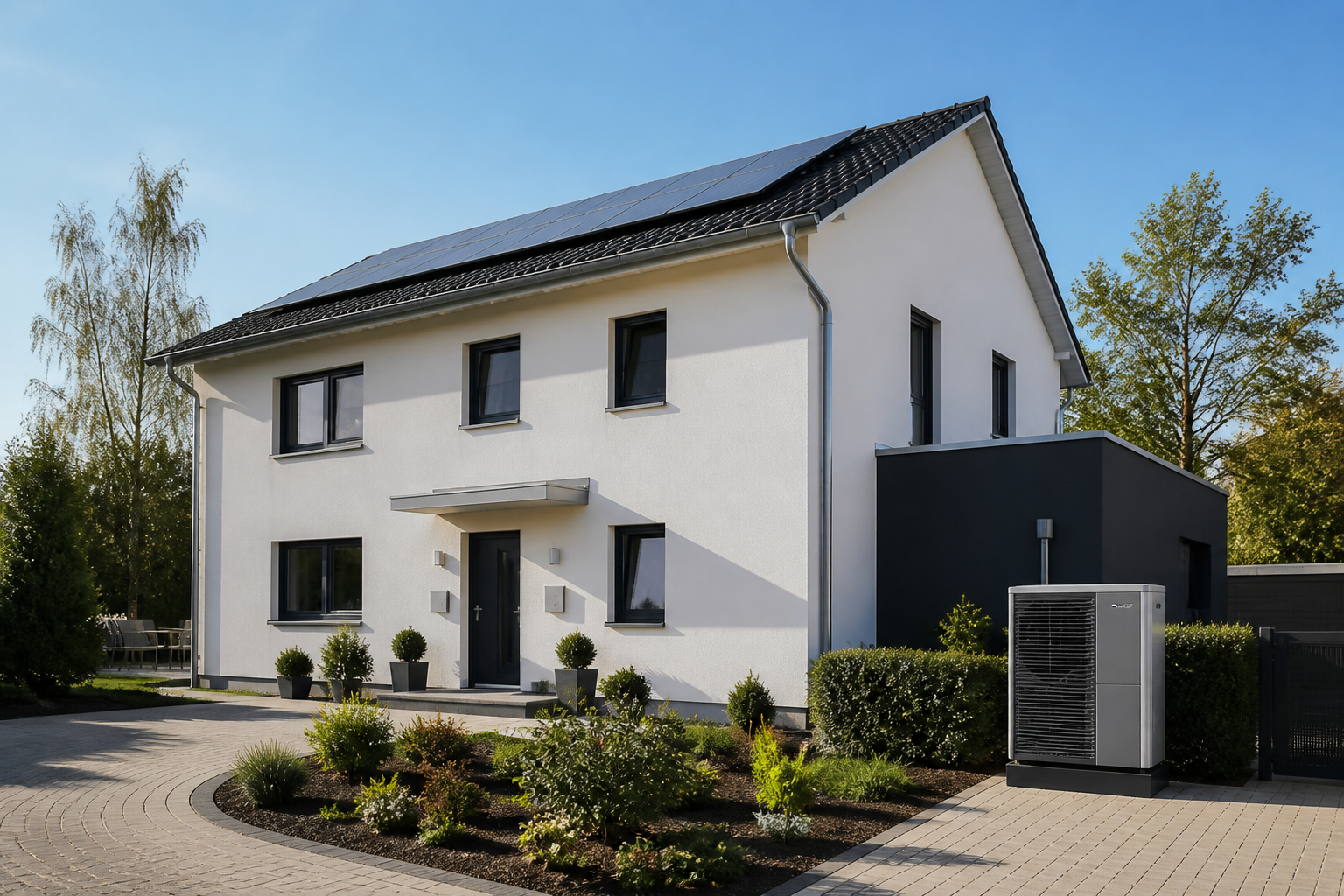 Einfamilienhaus in Brandenburg mit moderner Luft-Wasser-Wärmepumpe im Vorgarten