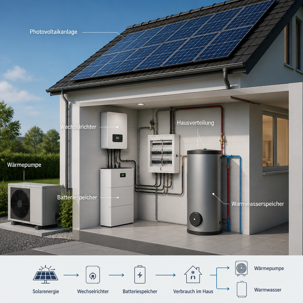 Schema einer Wärmepumpe mit PV-Anlage und Batteriespeicher