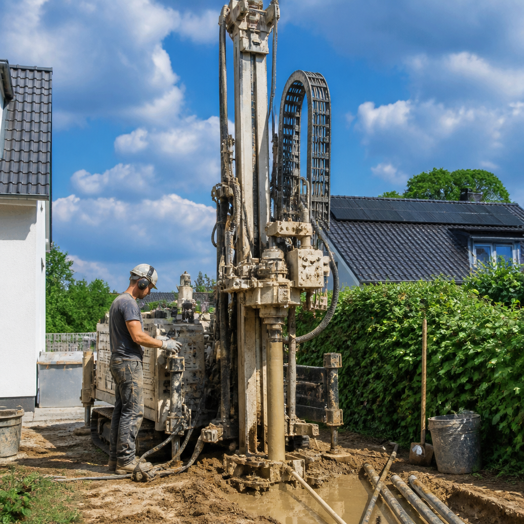 Installation einer Erdwärmesonde auf einem Grundstück