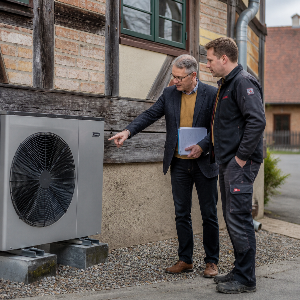 Fachplanung einer Wärmepumpe vor historischer Fassade