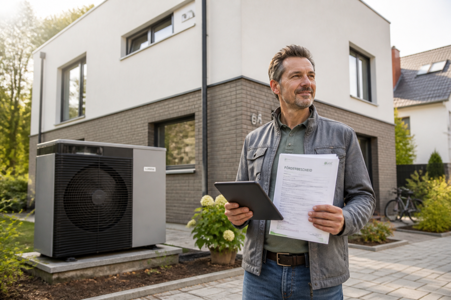 Hausbesitzer prüft Förderunterlagen neben einer modernen Wärmepumpe vor einem Einfamilienhaus in Berlin-Brandenburg
