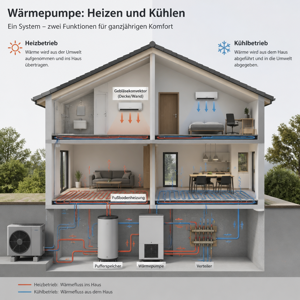 Schema einer Wärmepumpe mit passiver und aktiver Kühlfunktion im Haus