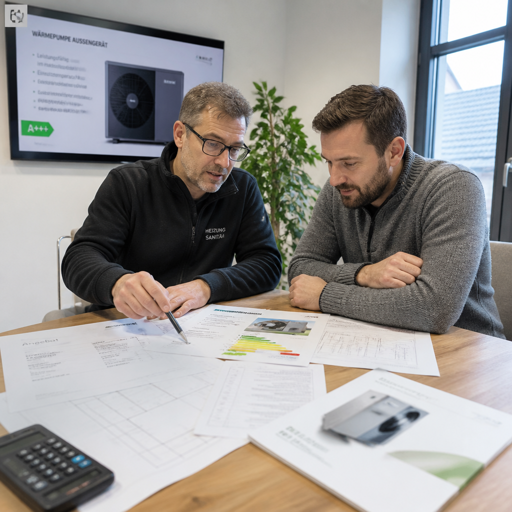 Planung einer Wärmepumpenanlage mit Angeboten und Bauplänen auf einem Tisch