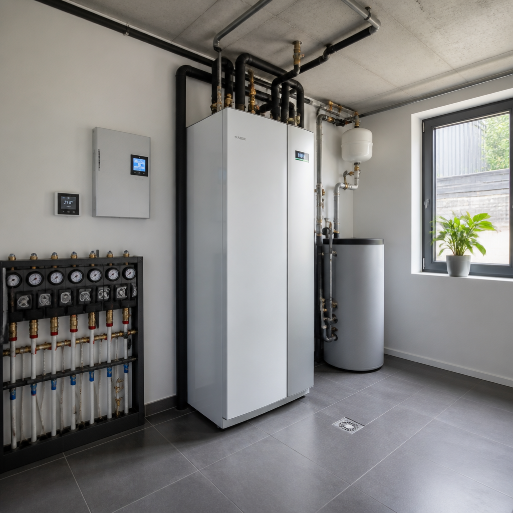 Installierte Wärmepumpe im Neubau mit Fußbodenheizung und Technikraum